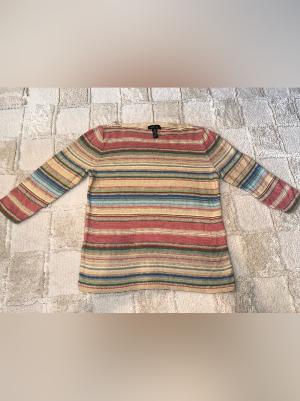 Lauren Ralph Lauren Linen Cotton Blend Pastel Striped 3/4 sleeve chic sweater M